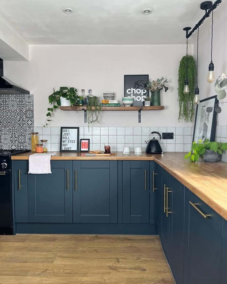 Warm Minimalist Navy and Wood Harmony Kitchen