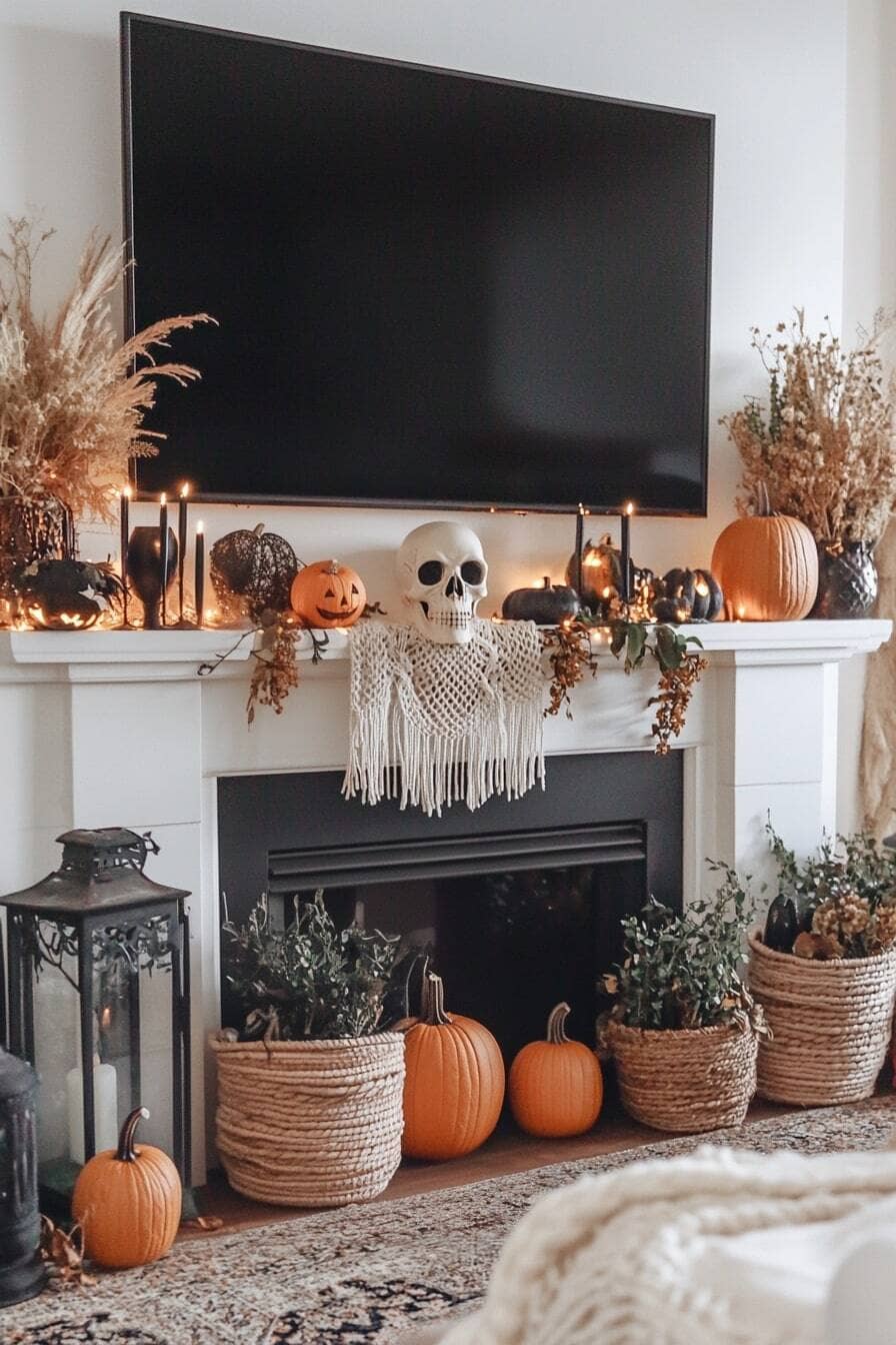 Earthy Neutral Halloween Mantel