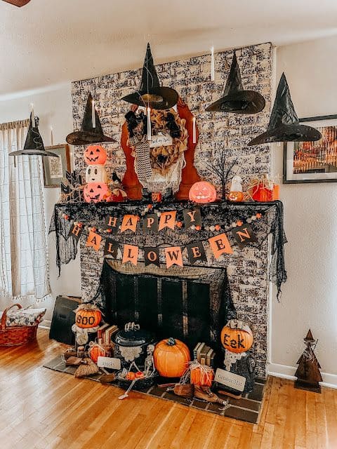 Floating Witch Hats and Pumpkin Parade Mantel