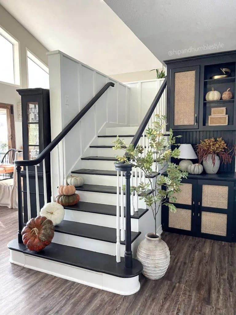 Neutral Fall Stairway with Velvet Pumpkins
