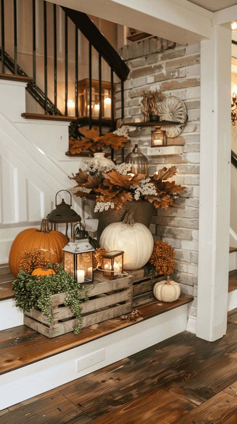 Rustic Autumn Stair Nook with Lantern Glow