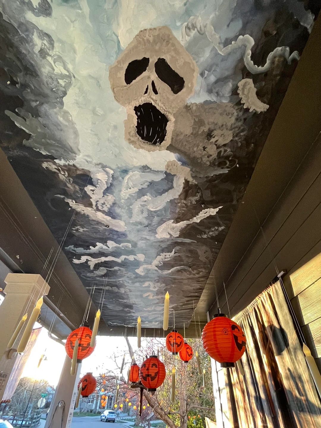 Skull in the Clouds Ceiling Mural with Floating Lights