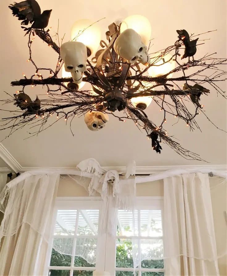 Spooky Skull Chandelier with Branches and Lights