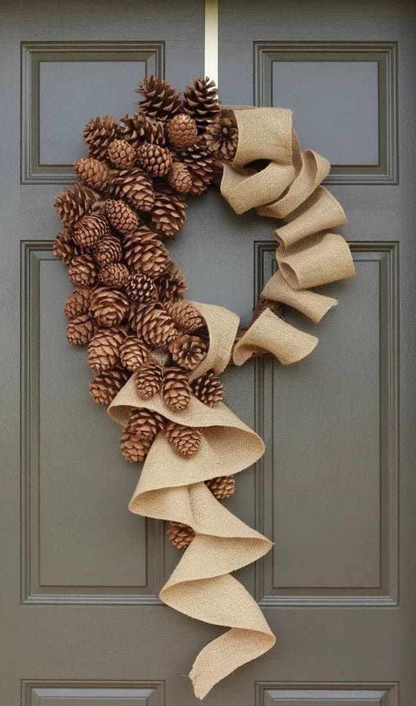 Swirling Pinecone and Burlap Ribbon Wreath
