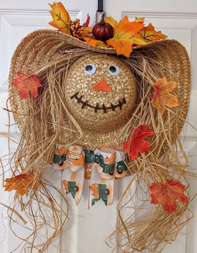 Whimsical Straw Hat Scarecrow Wreath