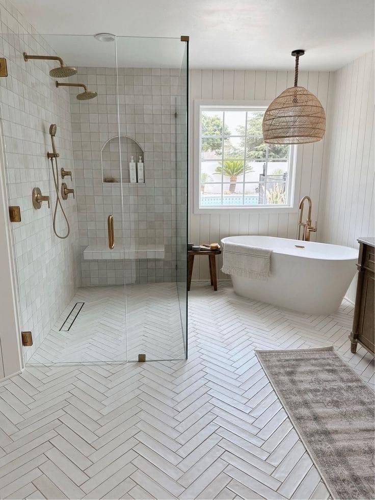 White Herringbone Tile for an Airy Spa Vibe