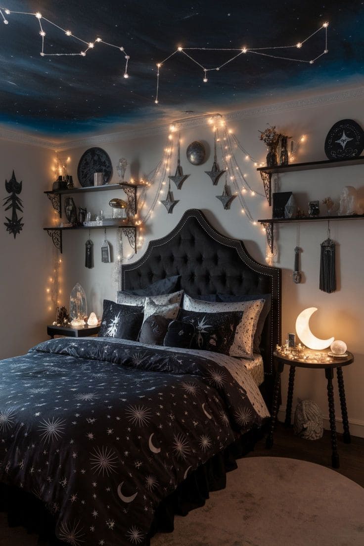 Black Bedroom with Starry Ceiling