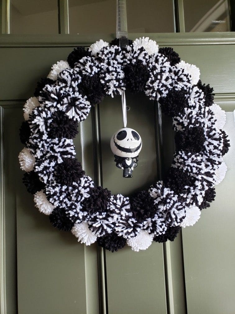 Black-and-White Jack Skellington Pom-Pom Wreath