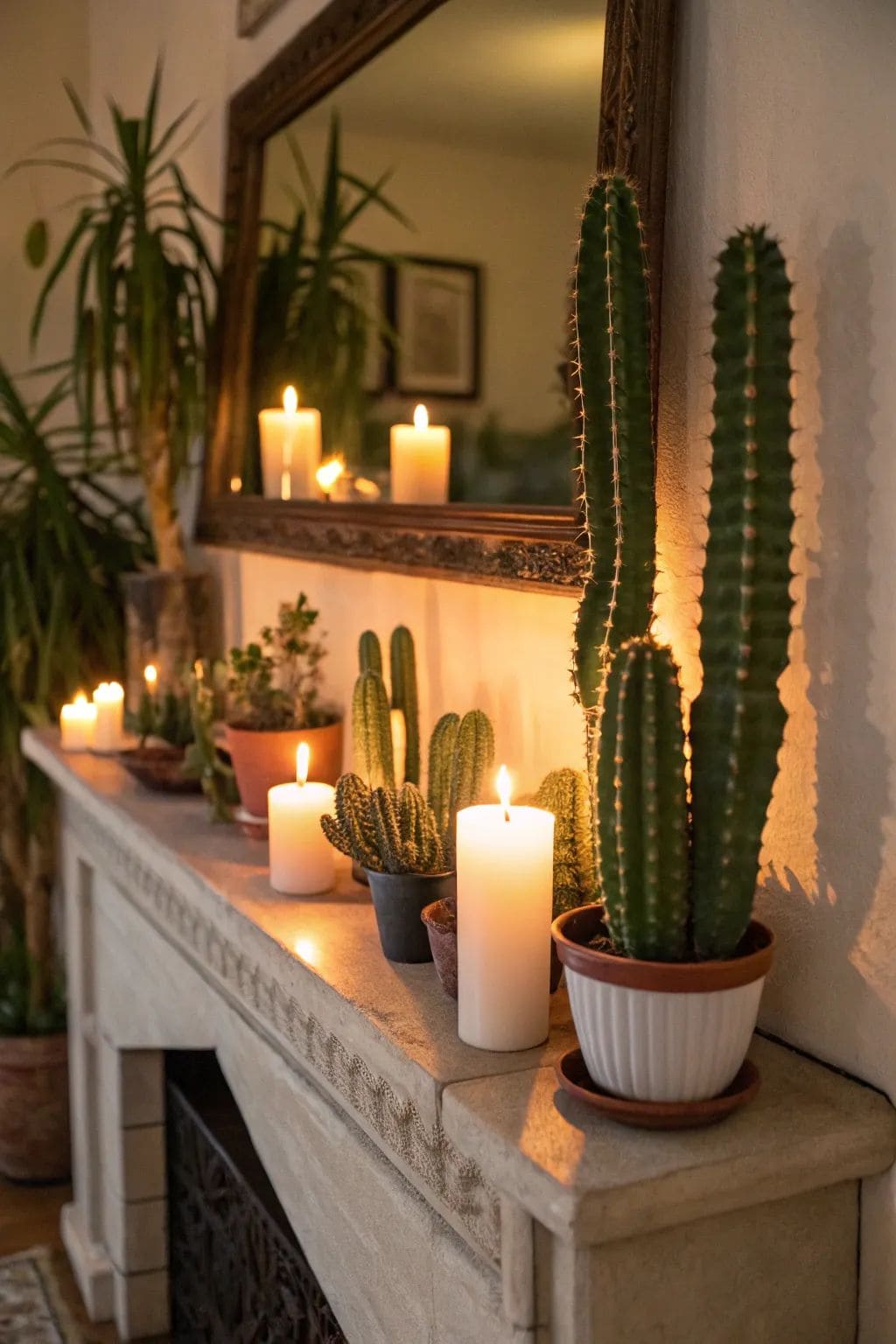 Candlelit Cactus Mantel Display