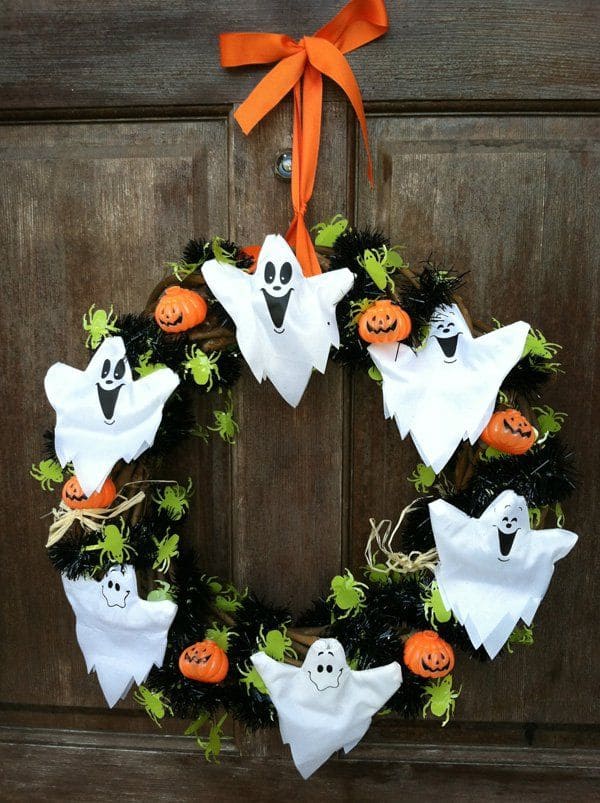 Cheerful Ghost and Pumpkin Halloween Wreath