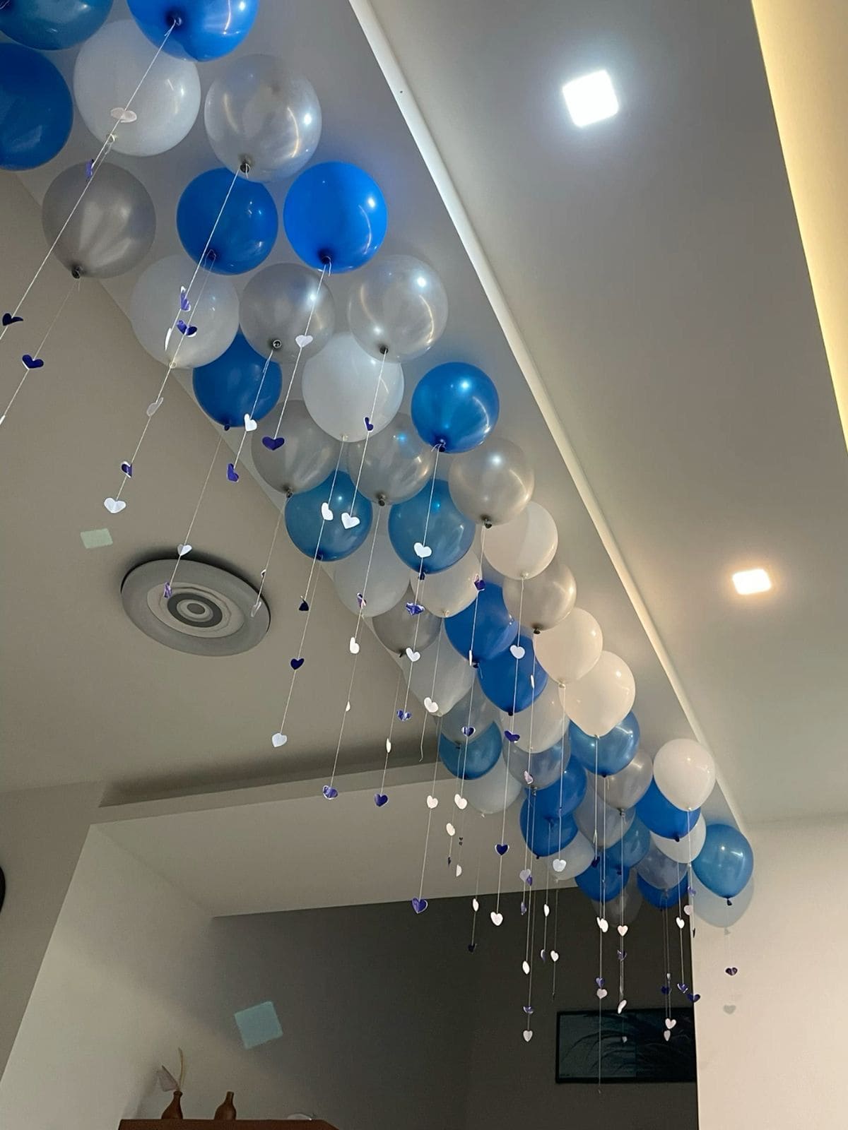 Floating Blue and White Ceiling Balloons
