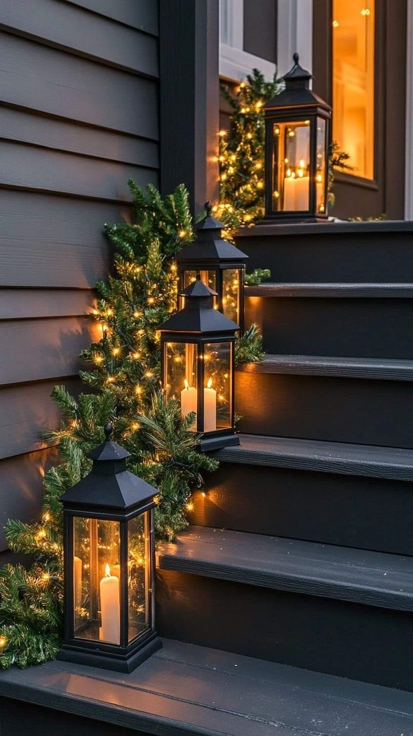 Lantern-Lit Christmas Staircase Decor