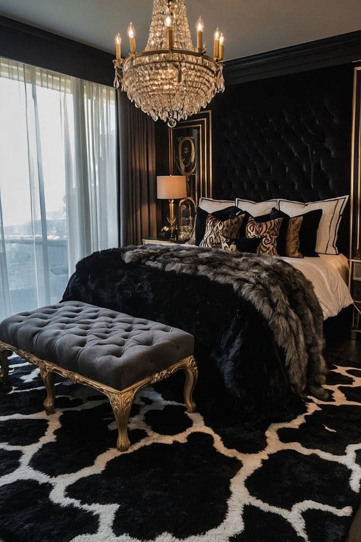 Regal Black Bedroom with Golden Elegance