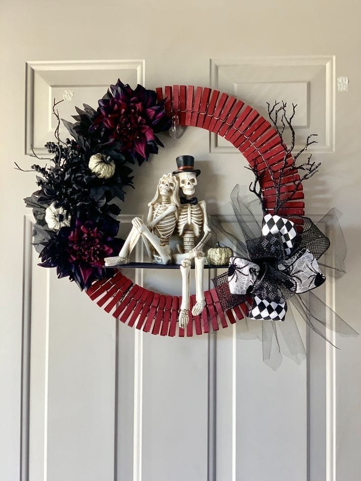 Skeleton Couple on Gothic Clothespin Wreath