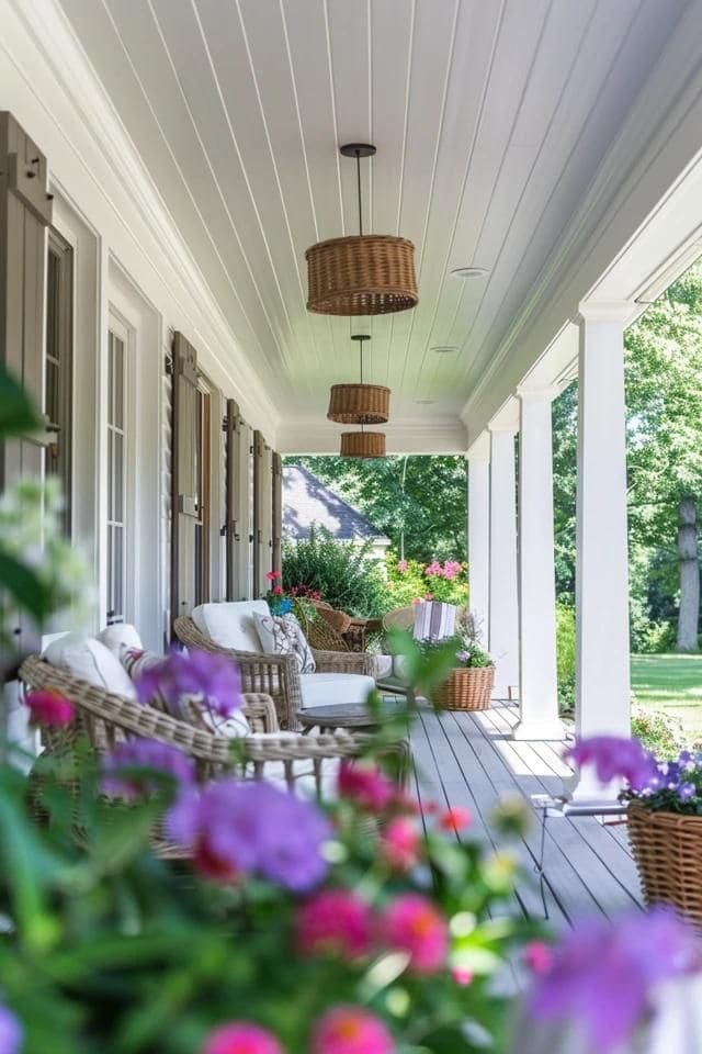 Classic White Porch Ceiling with Basket Lights