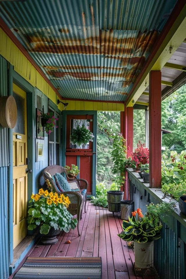 Colorful Corrugated Metal Porch Ceiling