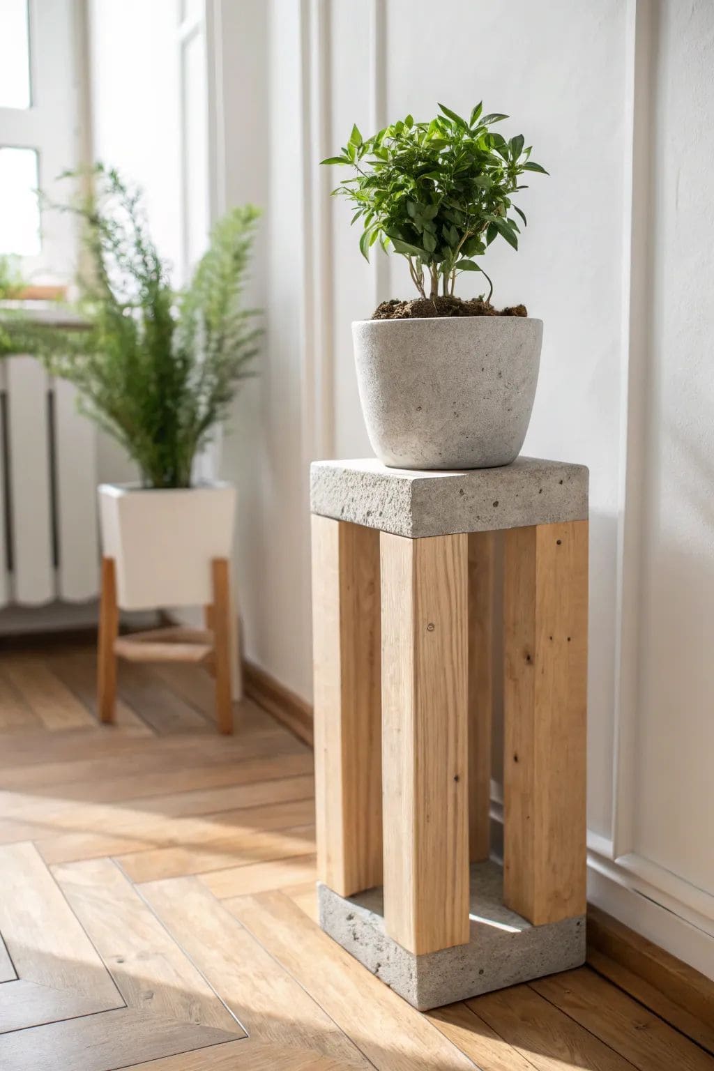 Concrete and Wood Plant Pedestal
