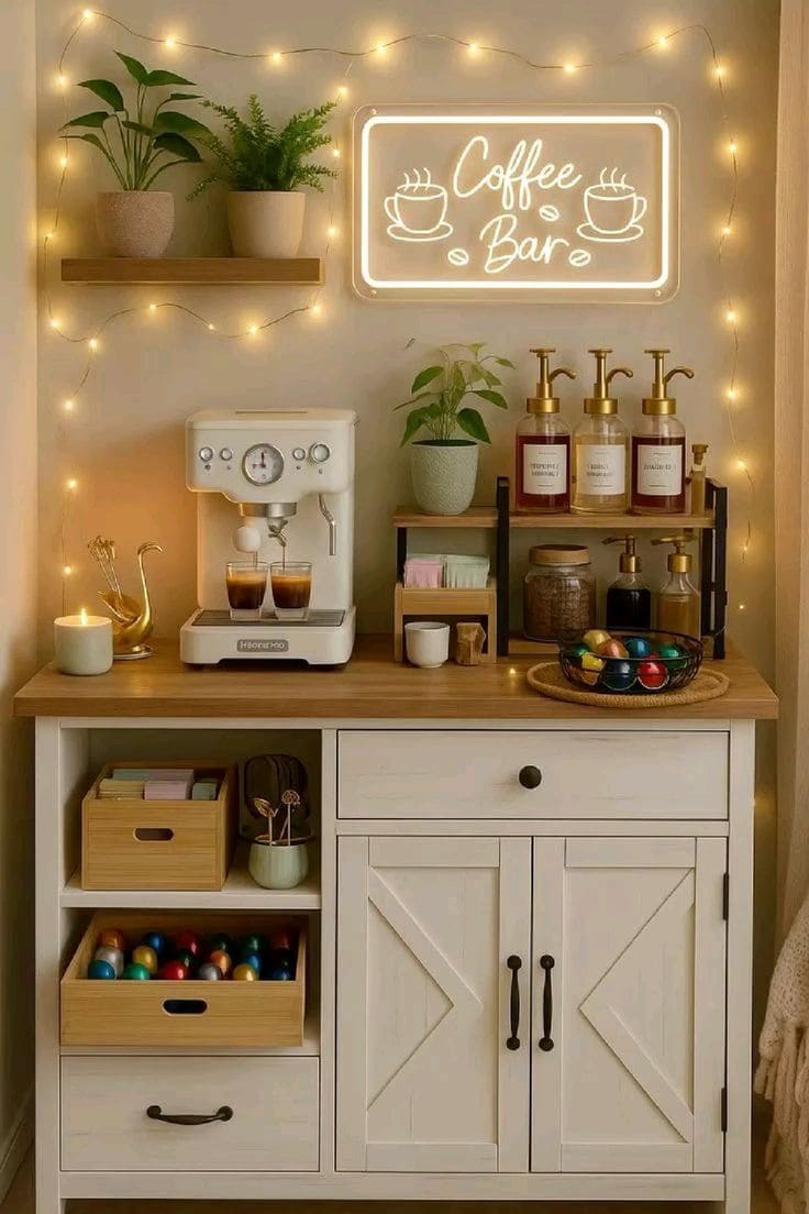 Cozy Coffee Bar With Fairy Lights
