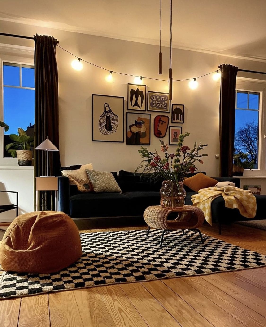 Cozy Living Room with Checker Rug
