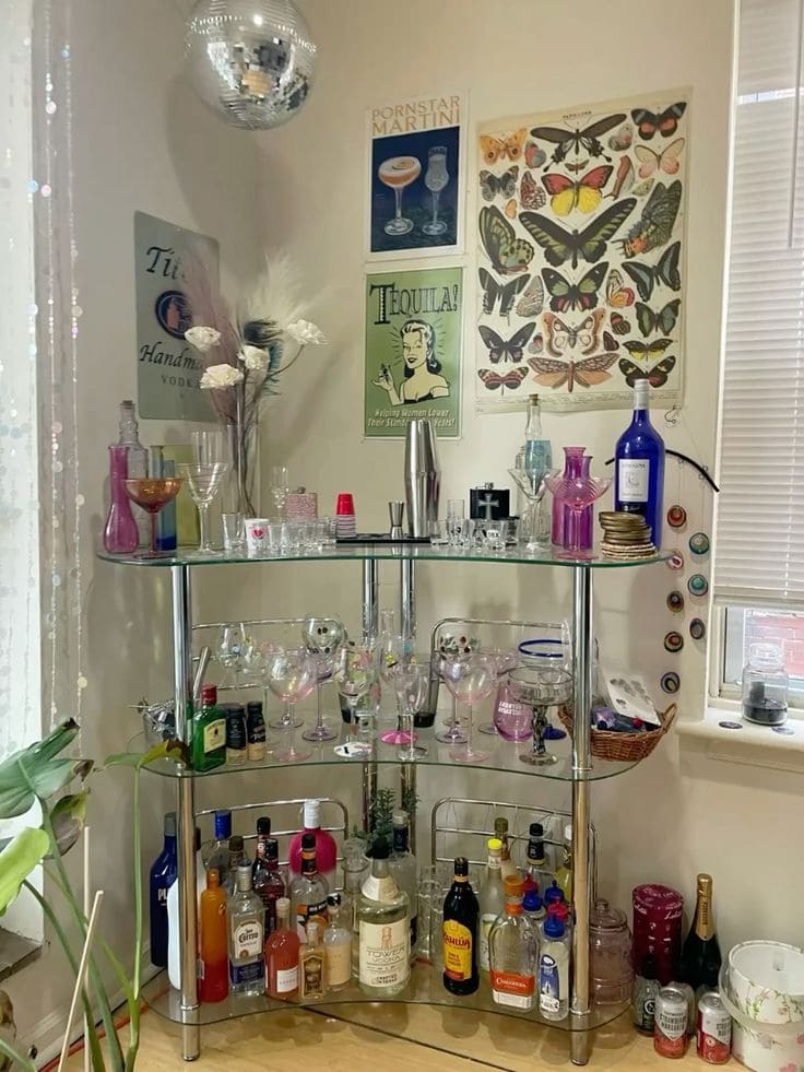 Eclectic Home Bar Corner with Retro Vibes