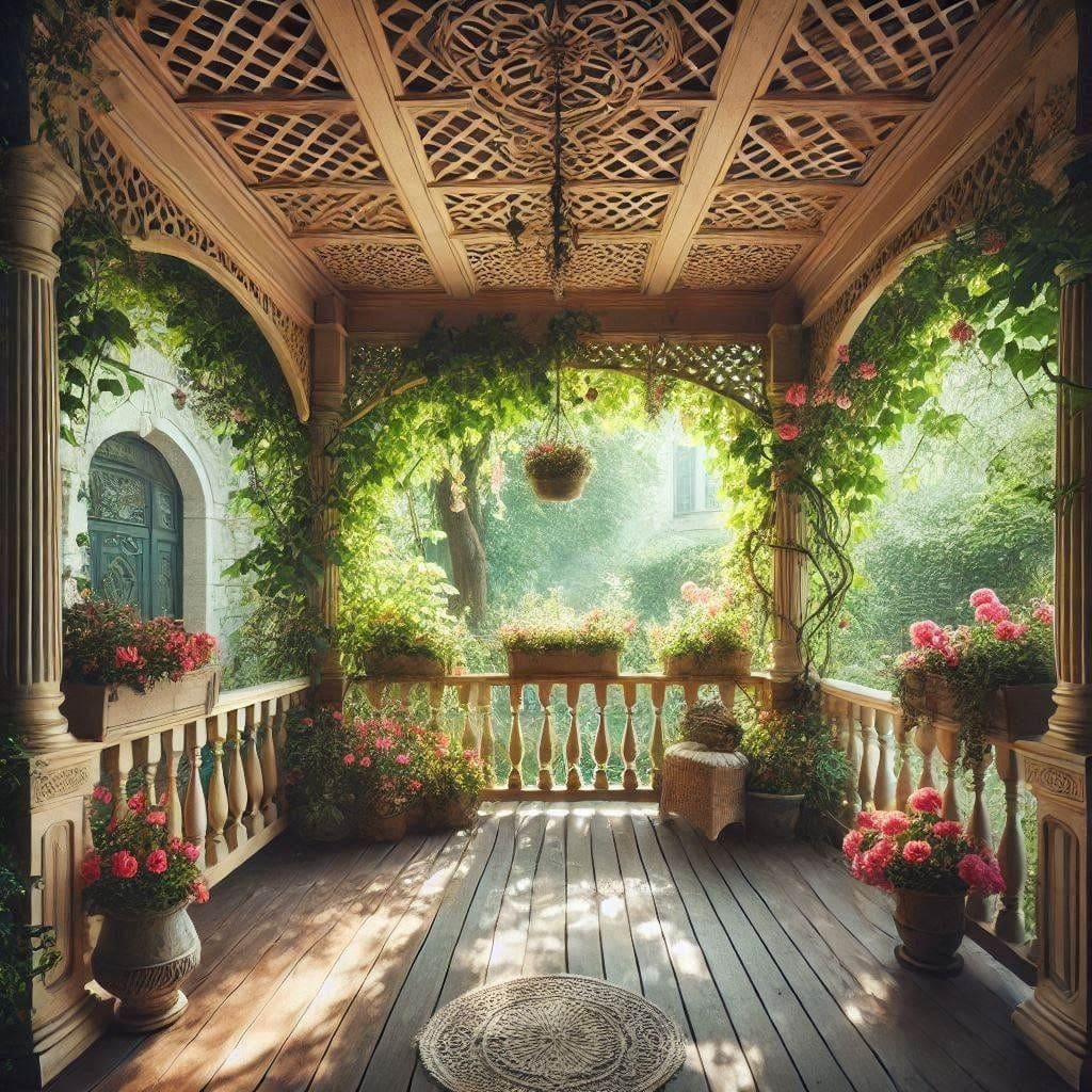 Ornate Wooden Lattice Porch Ceiling