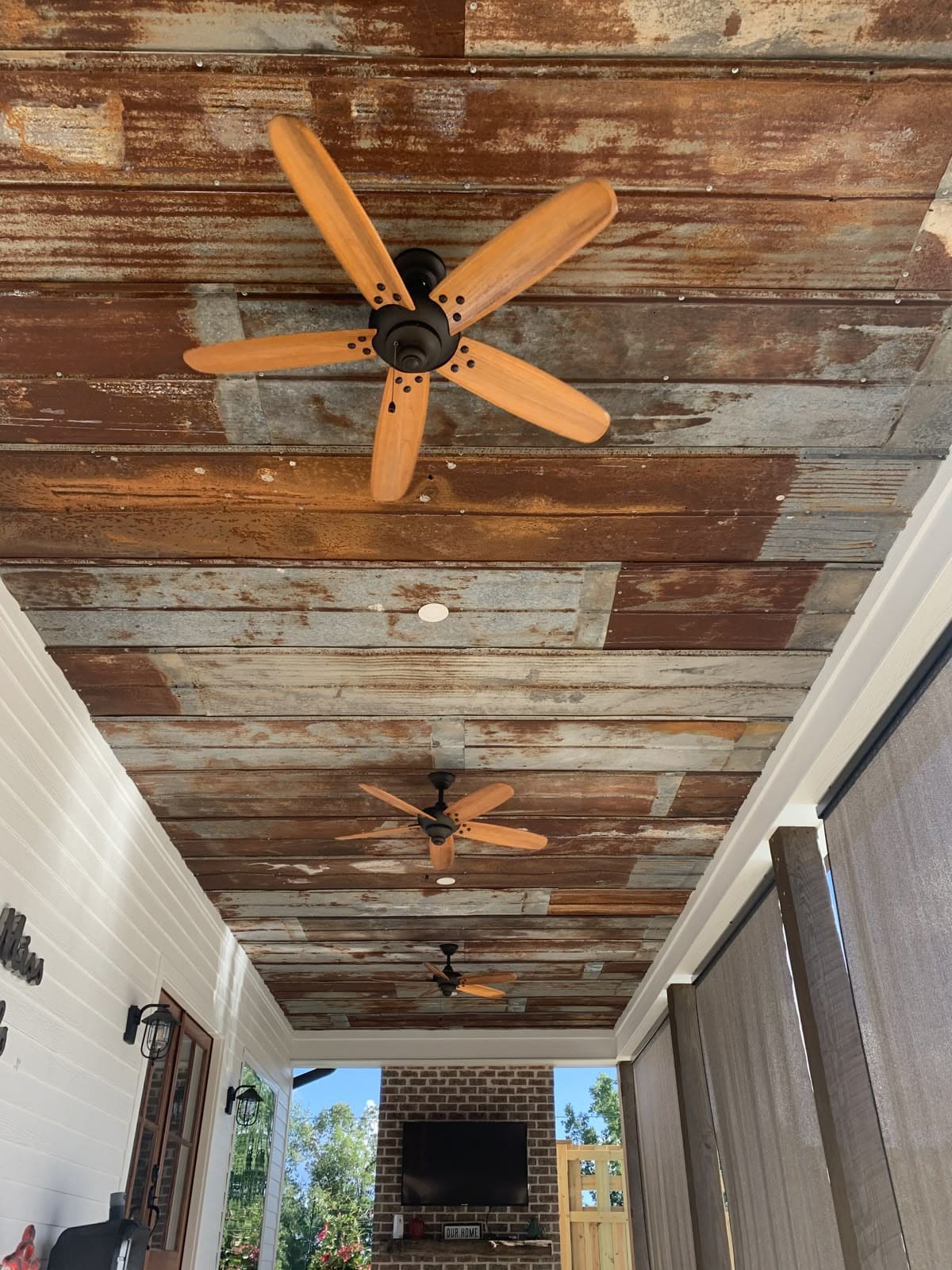 Rustic Metal Porch Ceiling with Fans