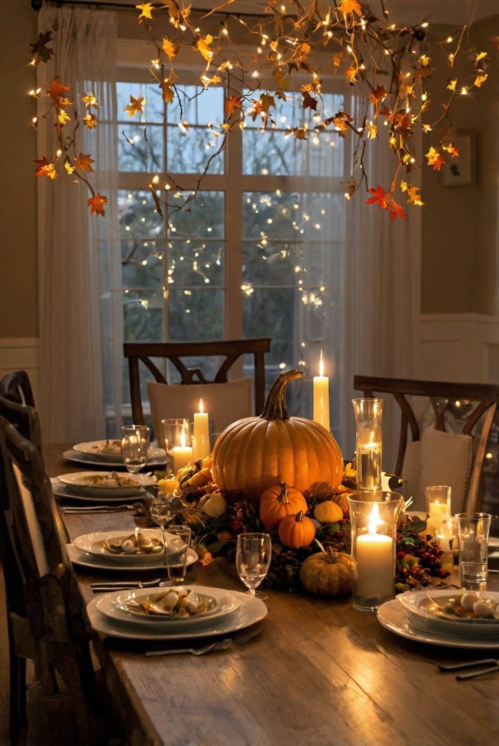 Thanksgiving Table with Pumpkin Glow and Twinkle Lights