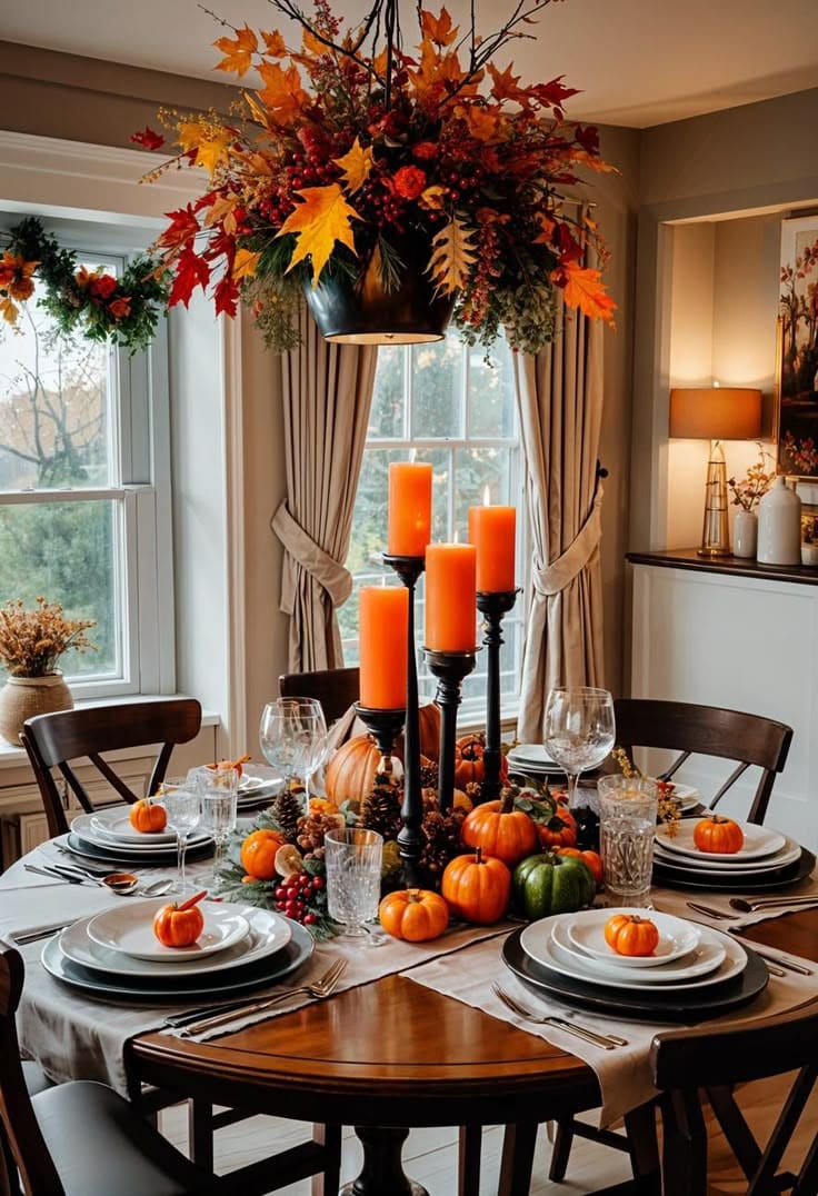 Thanksgiving Table with Pumpkins and Candle Glow