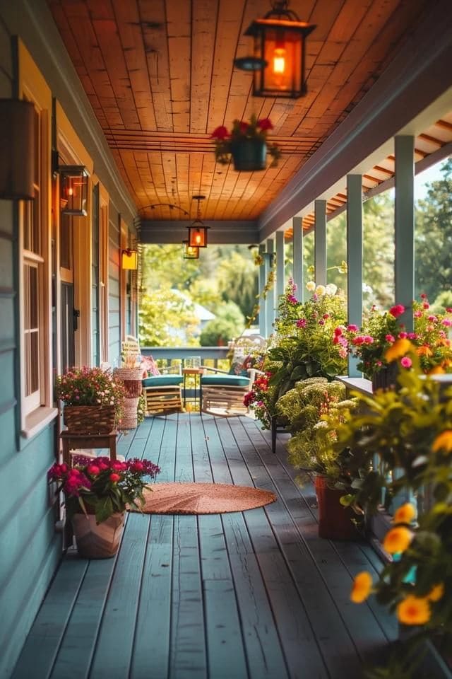 Warm Wooden Porch Ceiling with Lanterns