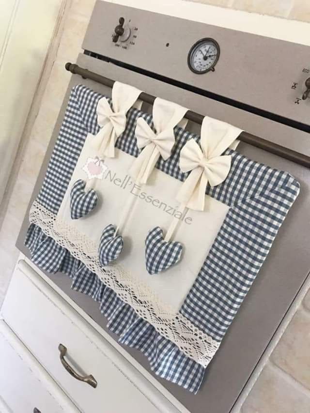 Blue Gingham Heart Oven Curtain