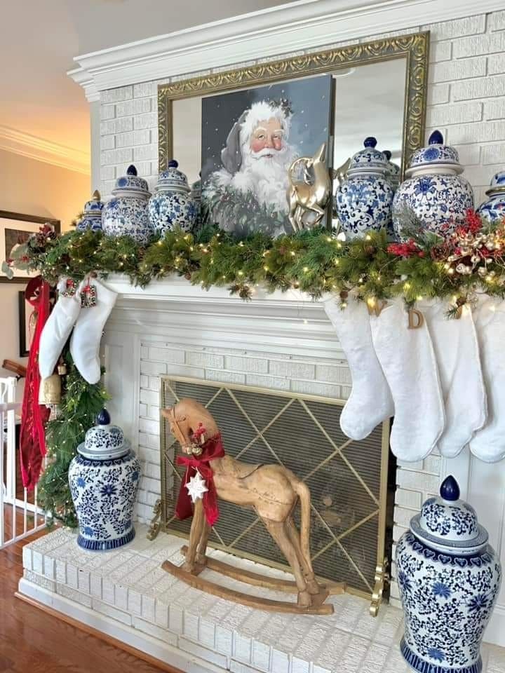 Blue-and-White Holiday Mantel Elegance