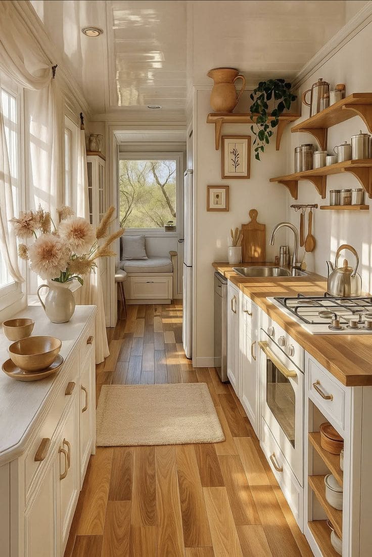 Cozy Cottage Galley Kitchen with Golden Glow