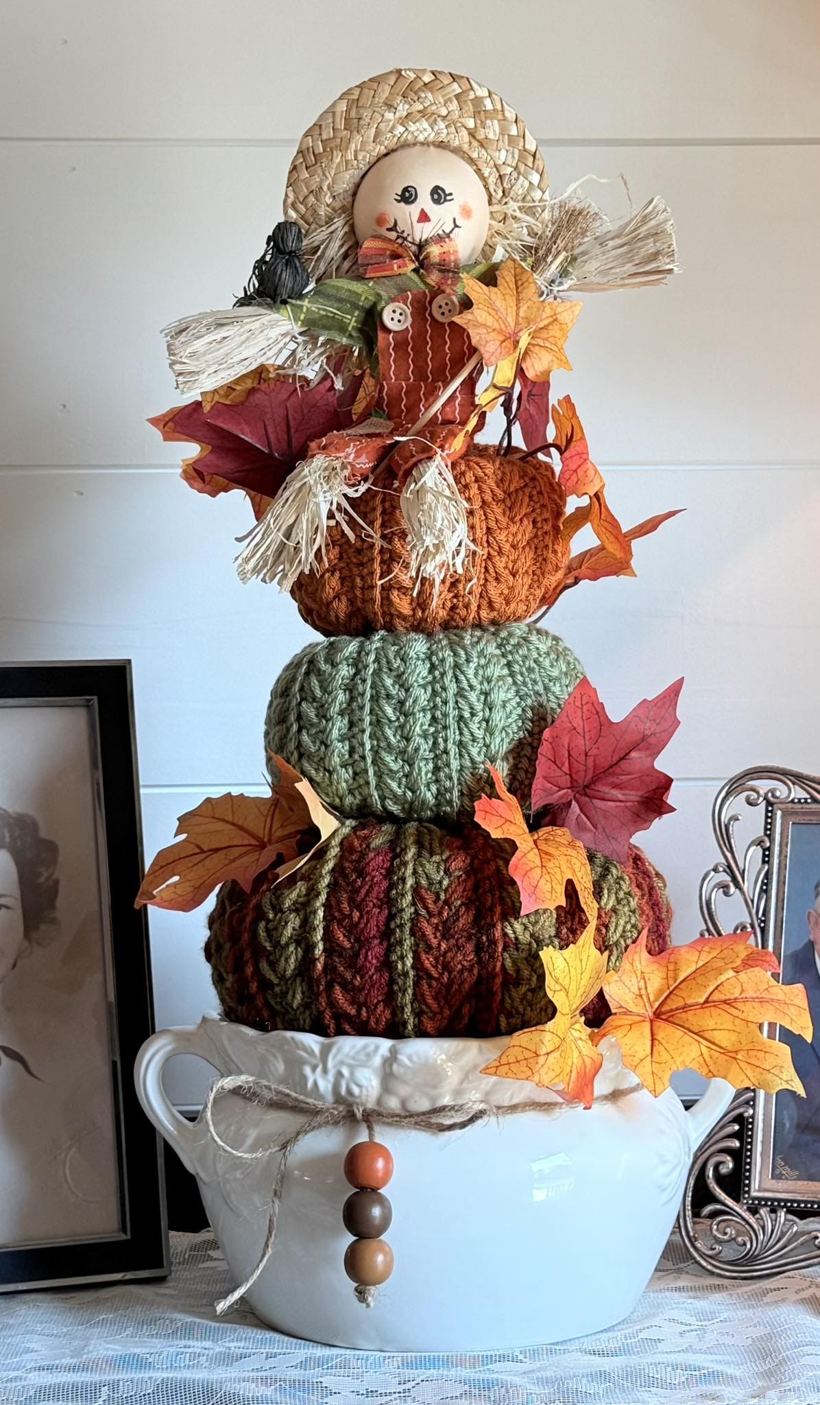 Cozy Knitted Pumpkin Stack with Scarecrow