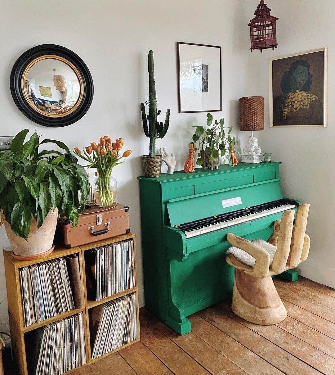 Eclectic Green Piano Nook