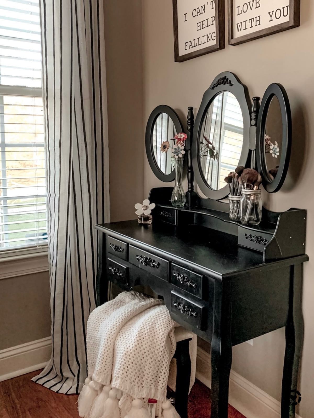 Elegant Black Triple Mirror Vanity