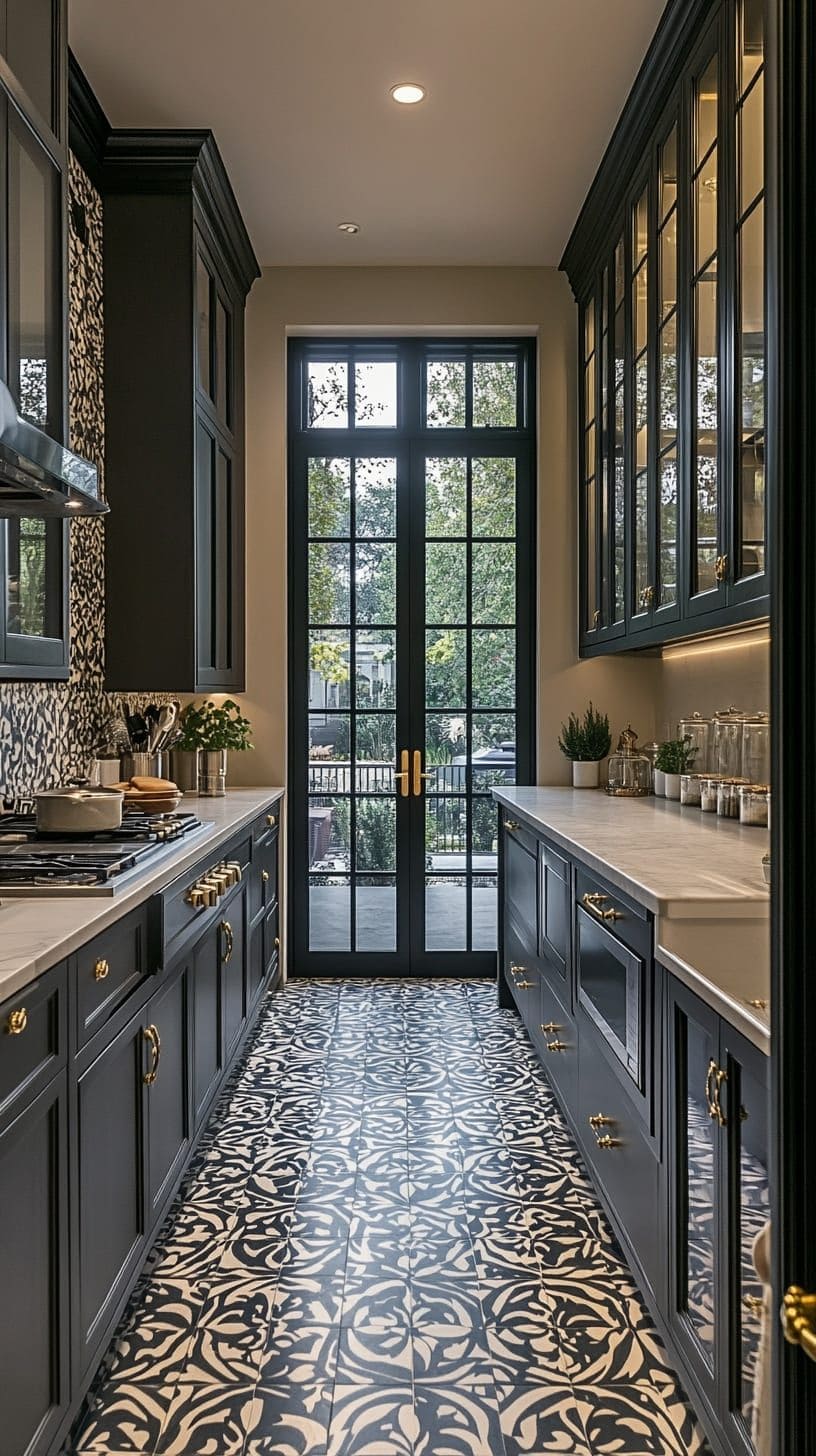 Elegant Black-and-Gold Galley Kitchen
