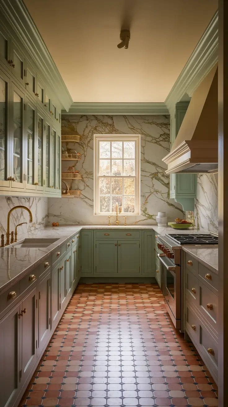 Elegant Green and Marble Kitchen with Terracotta Floors
