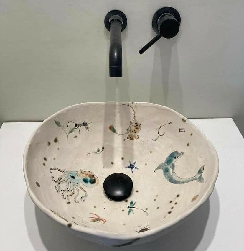Hand-Painted Ocean Life Ceramic Sink