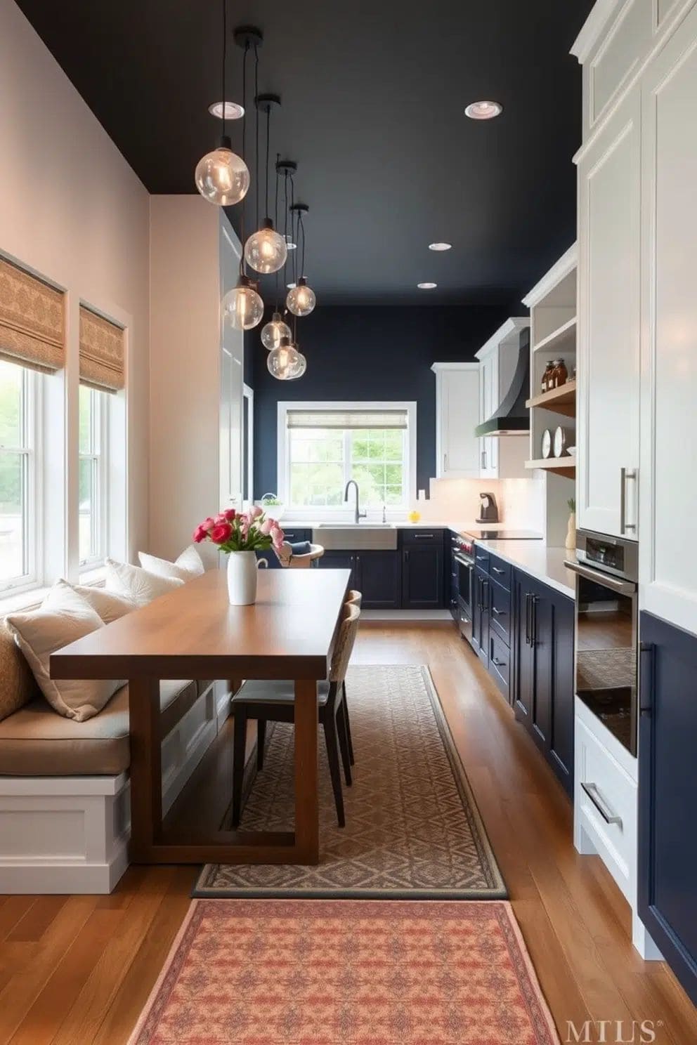 Modern Navy Galley Kitchen with a Cozy Dining Nook