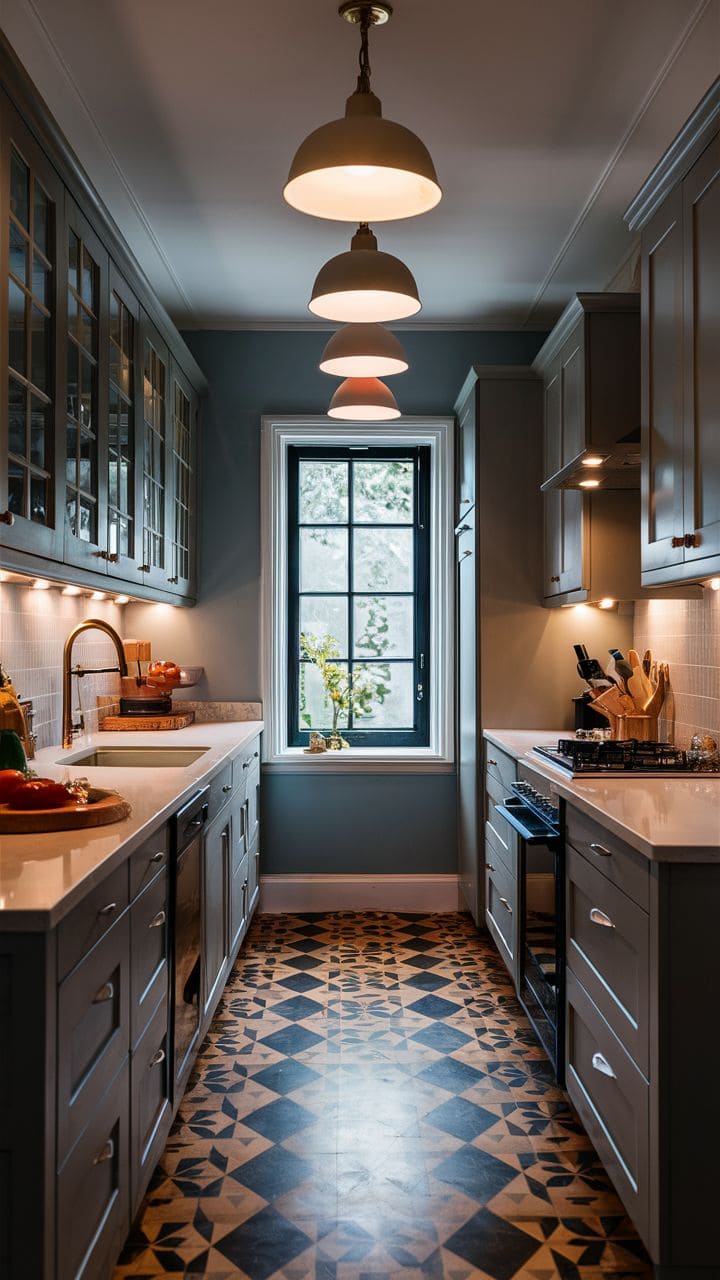 Moody Blue Galley Kitchen