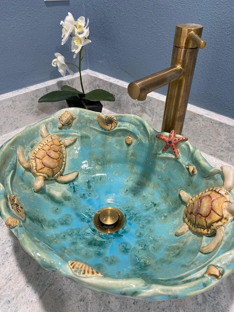 Ocean-Themed Ceramic Vessel Sink