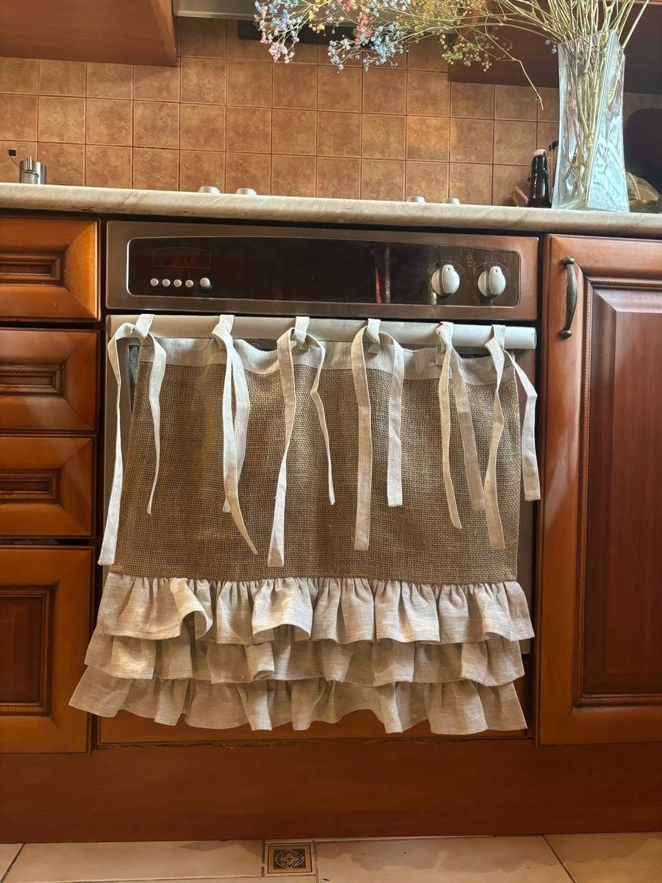Rustic Linen Ruffle Oven Curtain