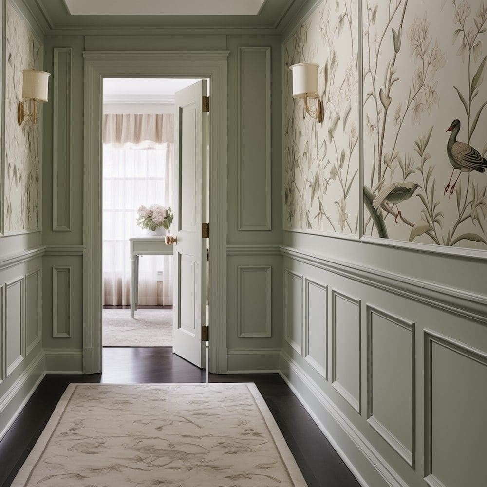 Soft Green Wainscoting with Nature-Inspired Wallpaper