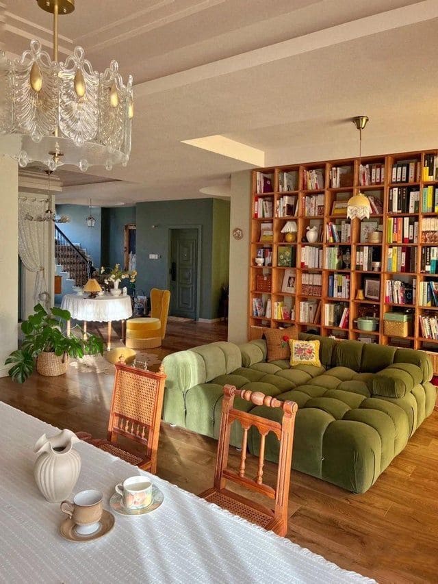 Spacious Living Room Library Wall