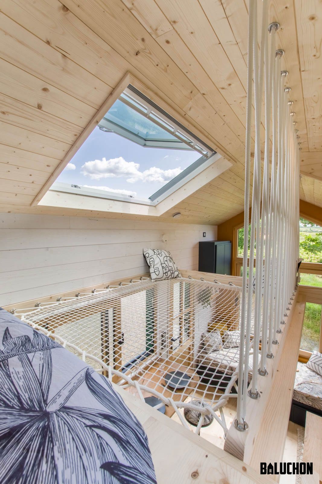 Tiny Loft Skylight with Airy Rope Net Floor