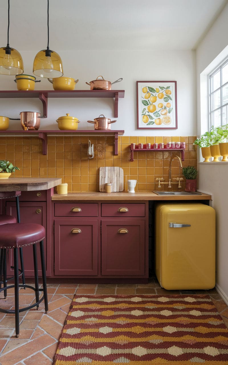 Vibrant Yellow and Burgundy Retro Kitchen