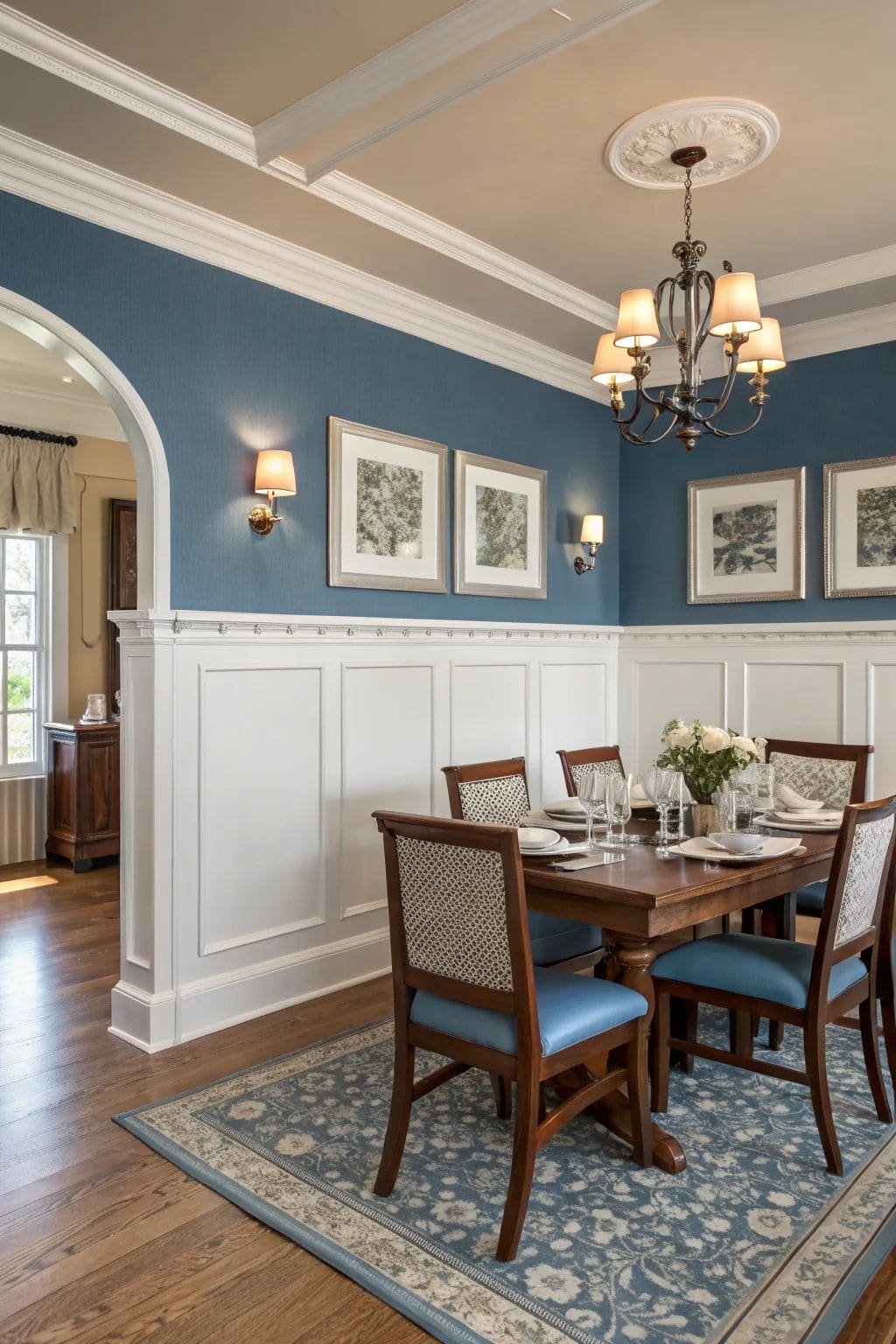 White Wainscoting with Blue Walls in Dining Room