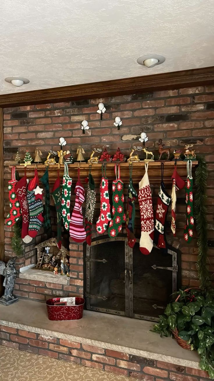 Classic Brick Fireplace Stocking Display