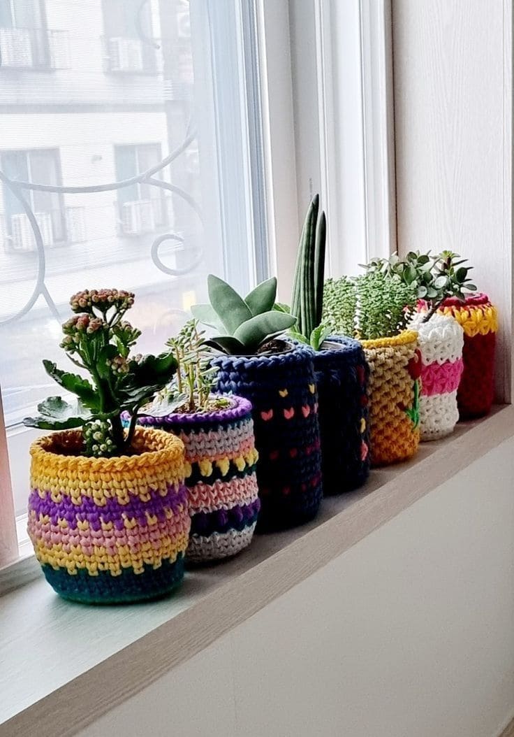 Color-Striped Crochet Planter Cozies