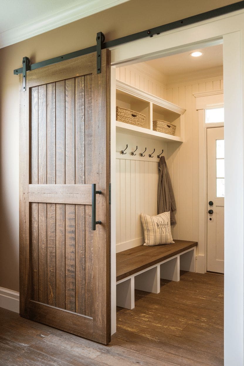 Cozy Barn Door Mudroom Nook